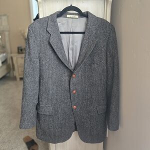 Classic Gray Herringbone Blazer with Wood Buttons 100% Scottish Wool
